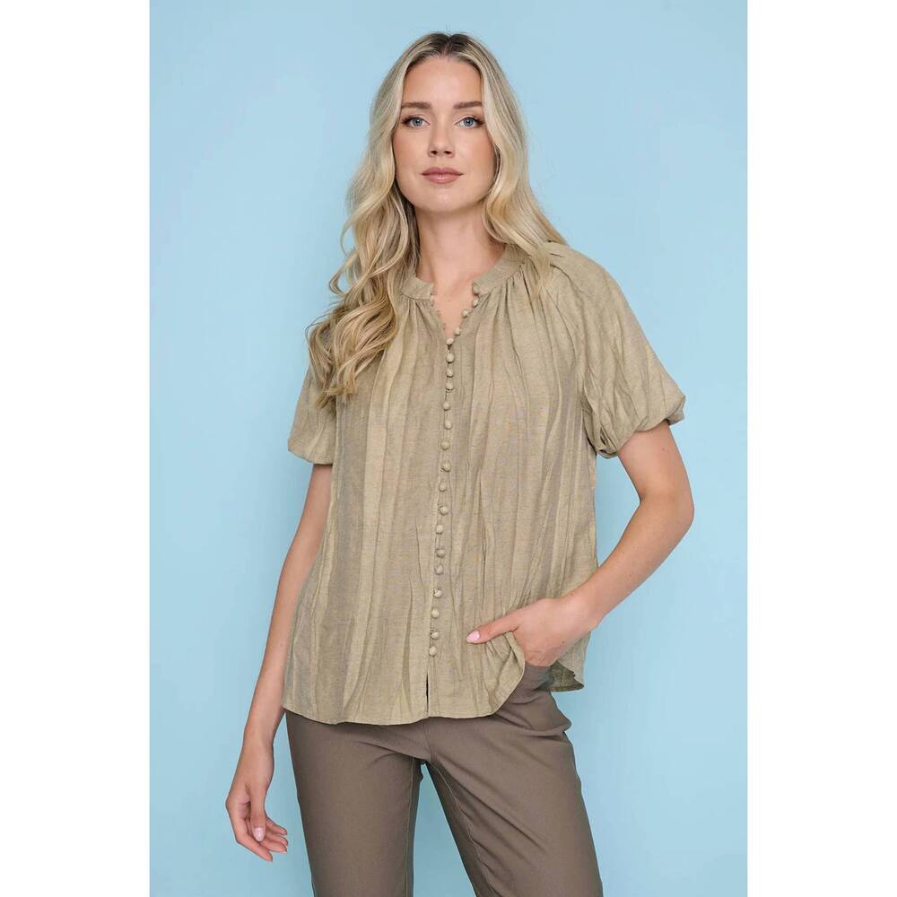 NEW PICADILLY crinkled puff sleeves top in khaki green